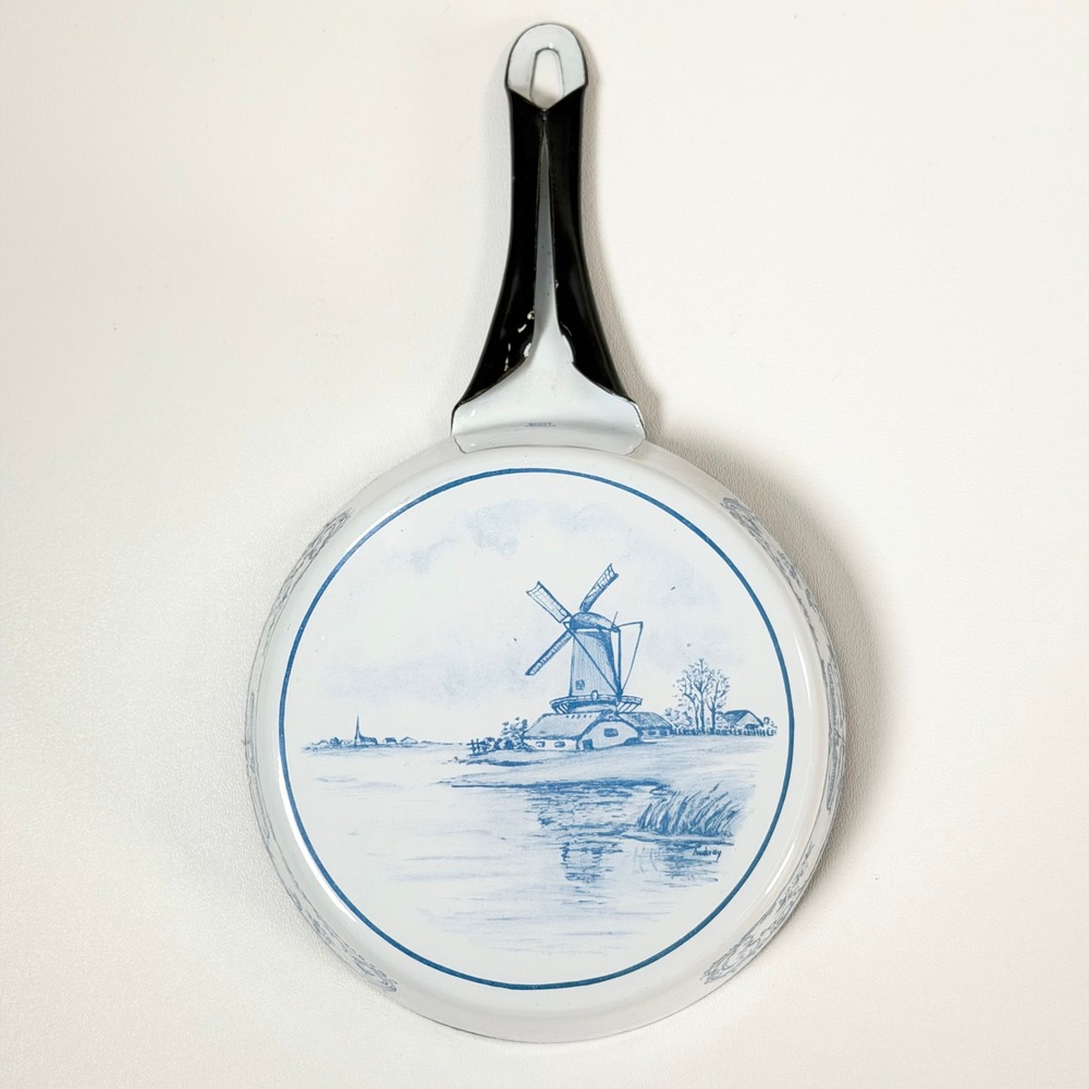 Vintage Deft Style Windmill Art Enamelware Pan Signed Old Castle‎ Cottagecore